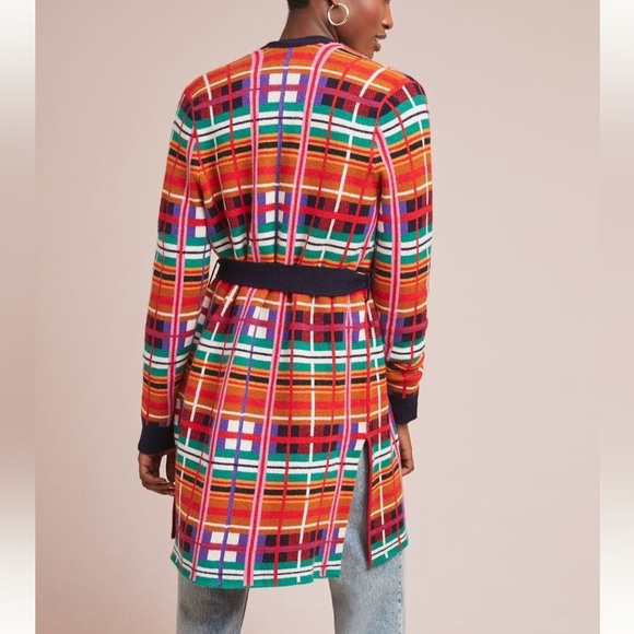 Anthropologie MOTH Long Cardigan Sweater Women’s Sz XS Willingston Plaid Belted - Picture 4 of 15